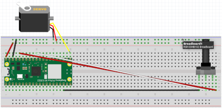 A servo and potentiometer connected to a breadboard